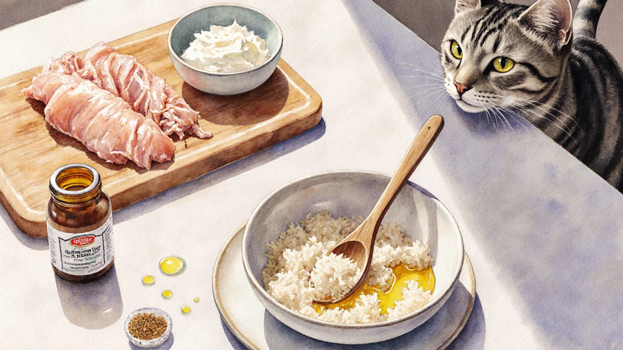Домашний рецепт: куриное филе, творог, рыбий жир, витаминный микс и рис.