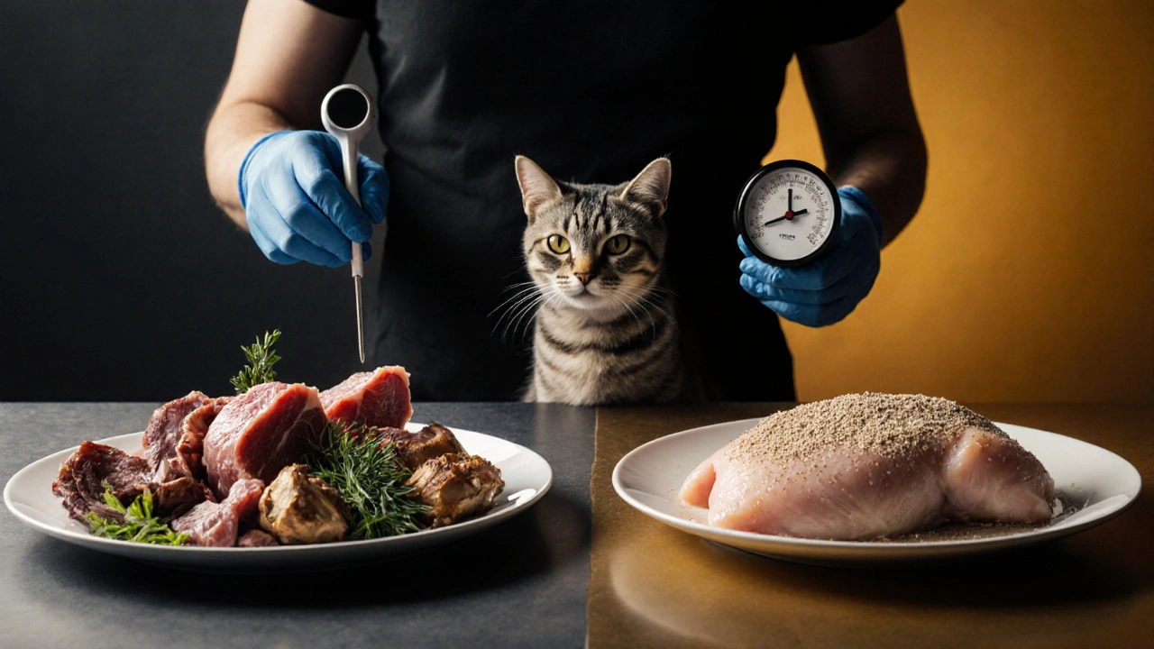 Два рациона: сырое мясо и варёное с добавками — кошка между ними.