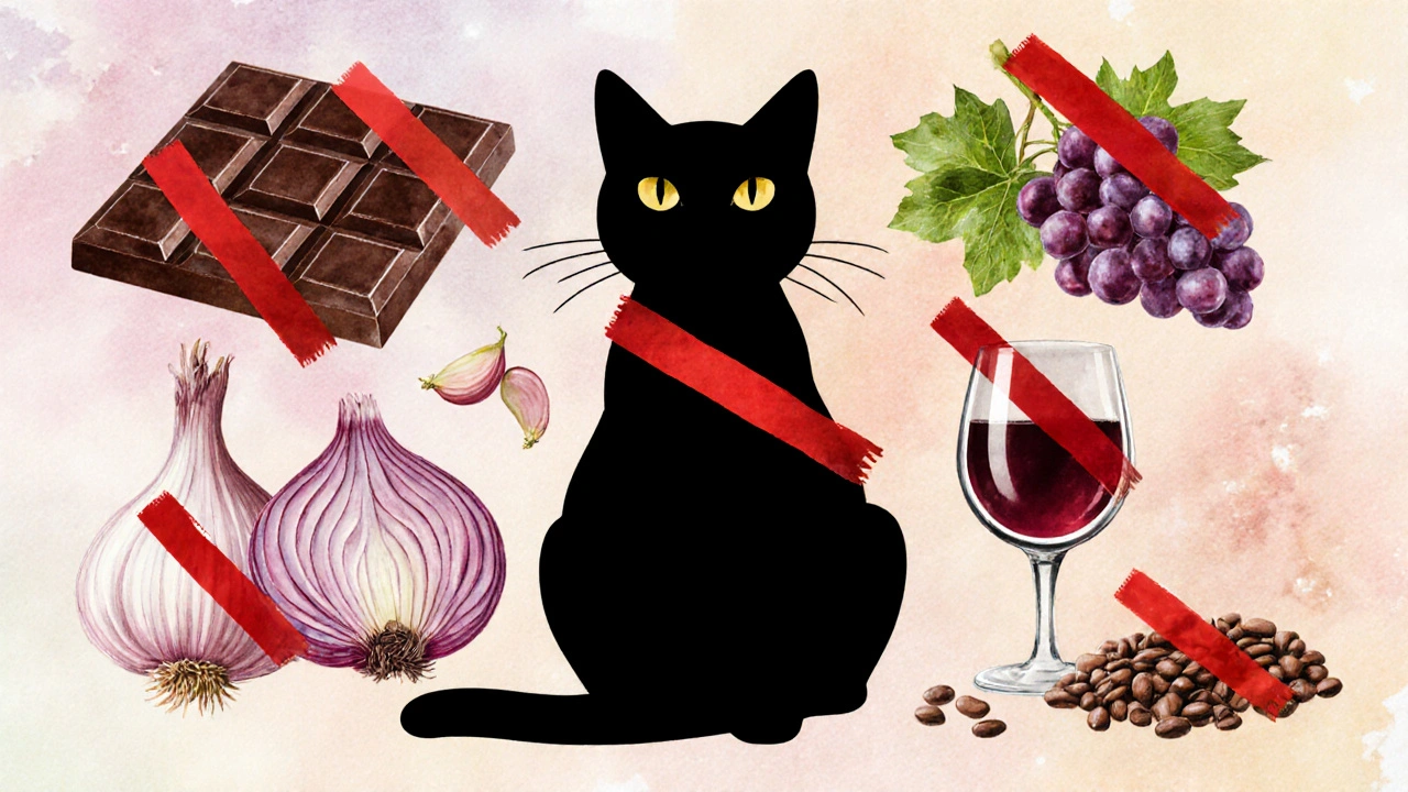 Коллаж опасных продуктов — шоколад, лук, виноград и др., с силуэтом кошки.