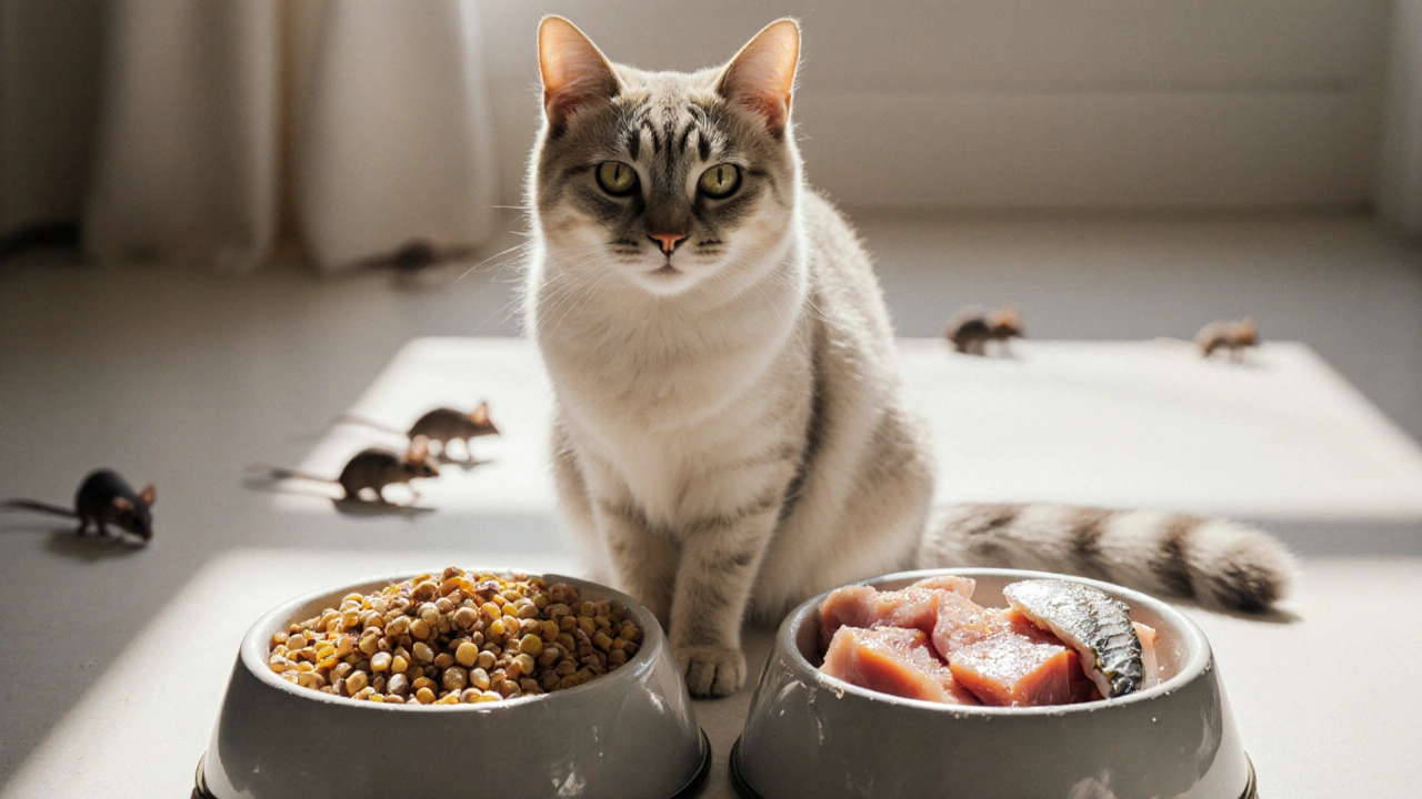 Кошка у двух мисок: одна с сухим кормом из зерна, другая — с свежим мясом, печенью и рыбой.