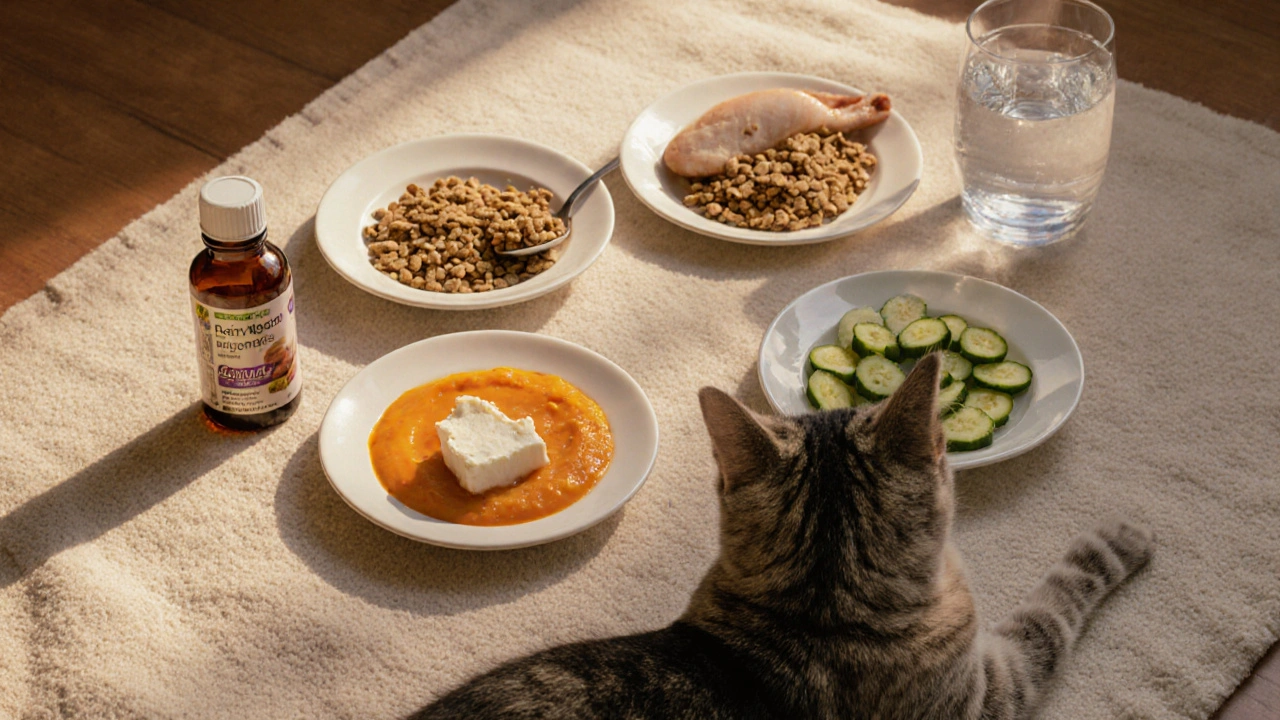 Плоская композиция дневного меню кота: сухой корм, курица, тыква, творог, рыба, огурец и добавка.