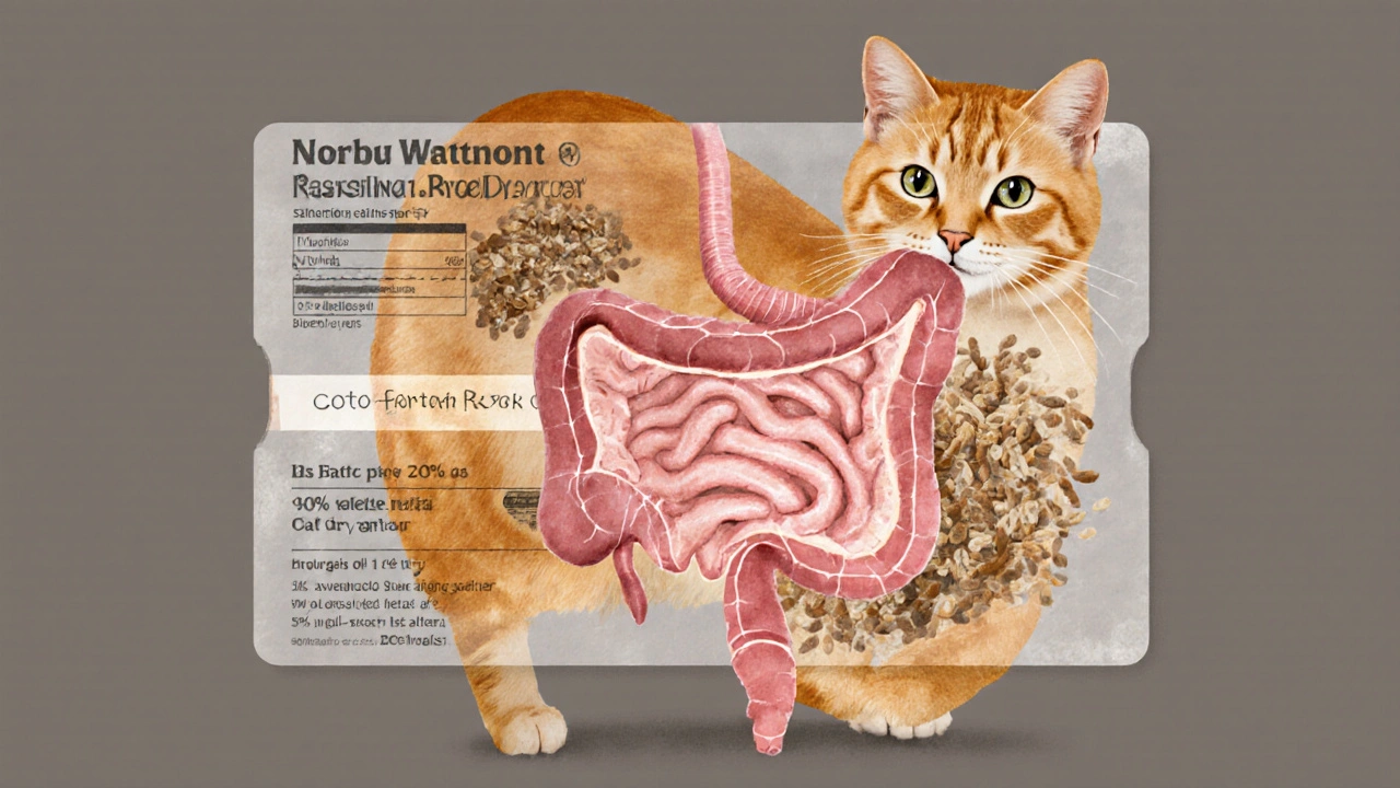 Прозрачная схема пищеварительной системы кошки, показывающая, как мясо сжимается после сушки, а зерна увеличиваются.