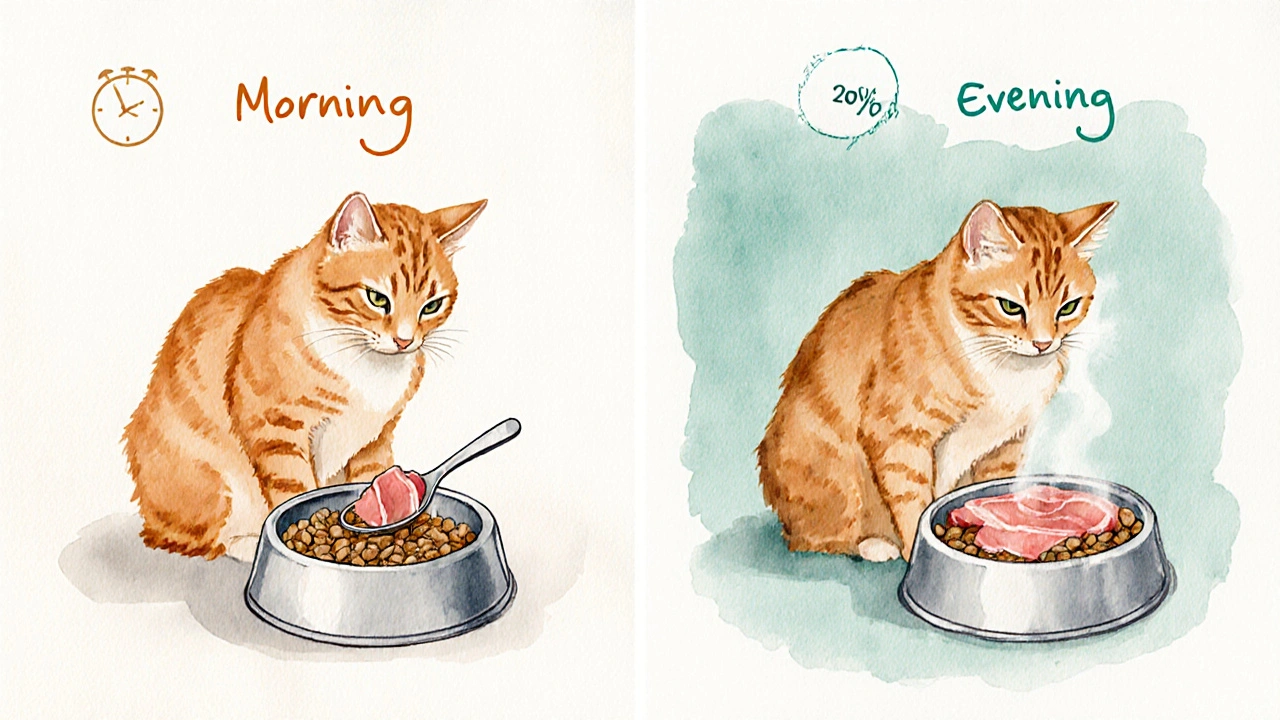 Схема дневного рациона кота: утренний и вечерний приёмы сухого, влажного и сырого мяса.
