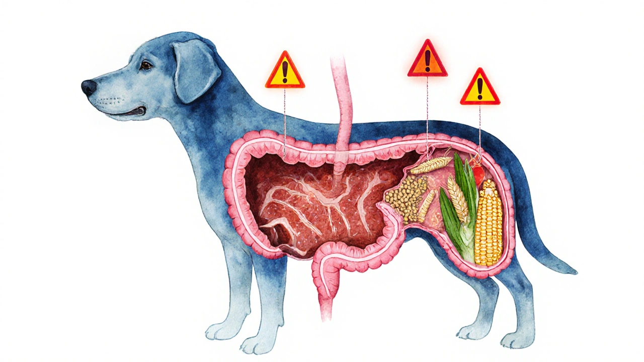 Схема пищеварительной системы собаки: здоровые продукты слева, вредные крупы вызывают вздутие справа.
