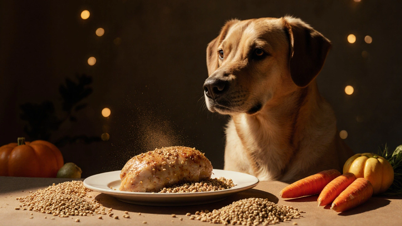 Собака ест курицу с гречкой, а в тени позади исчезают запрещённые злаки.