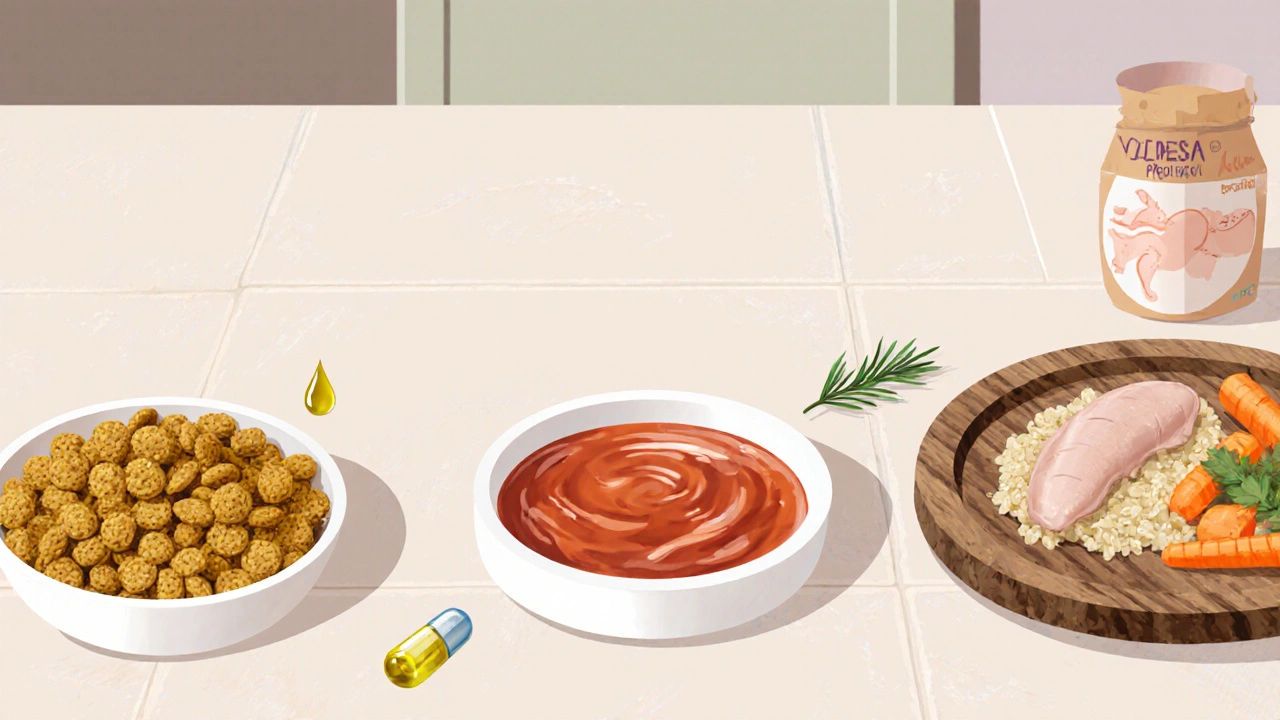 Три миски: сухой корм, влажный консерв и домашнее блюдо с курицей, рисом и морковью.