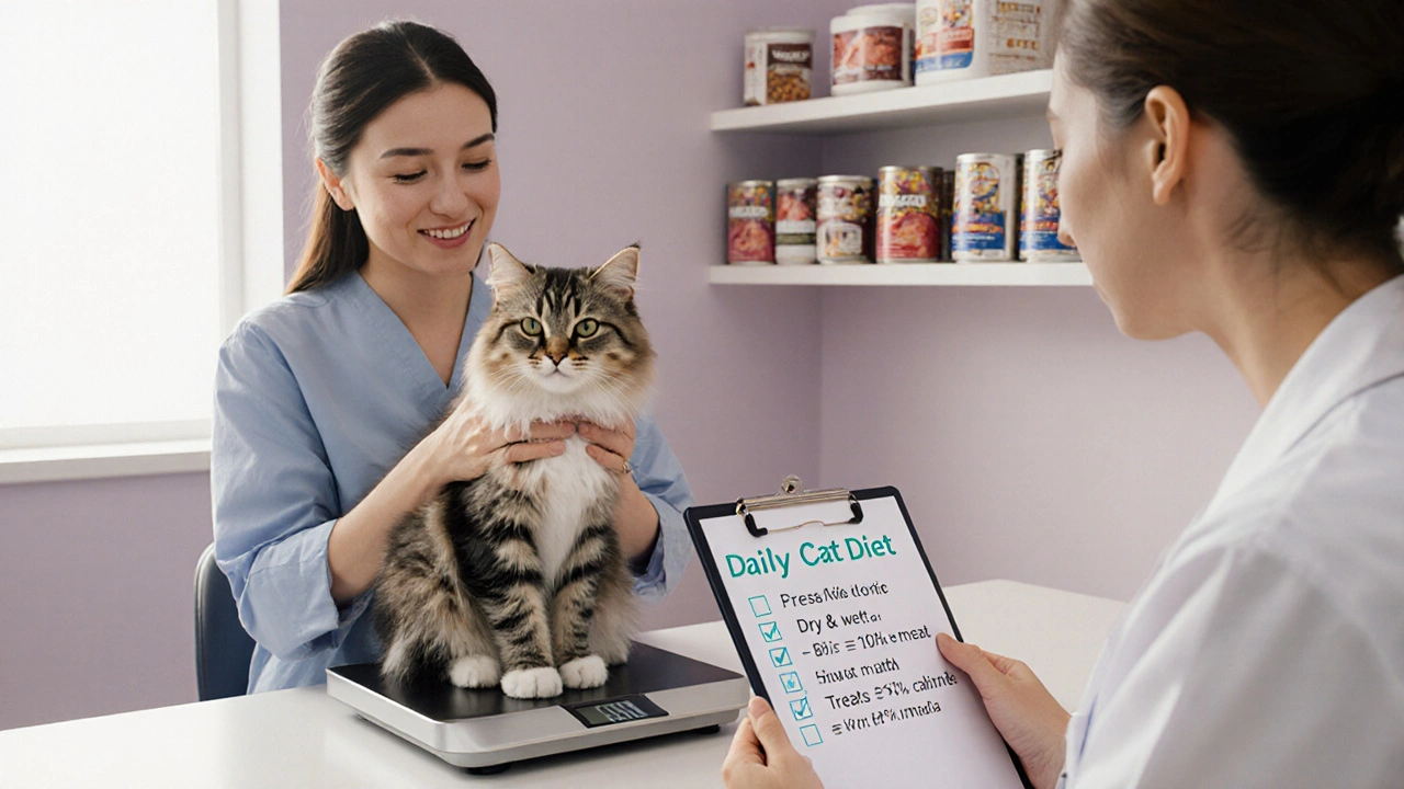 Владелец взвешивает кота в клинике, проверяя чек‑лист питания.