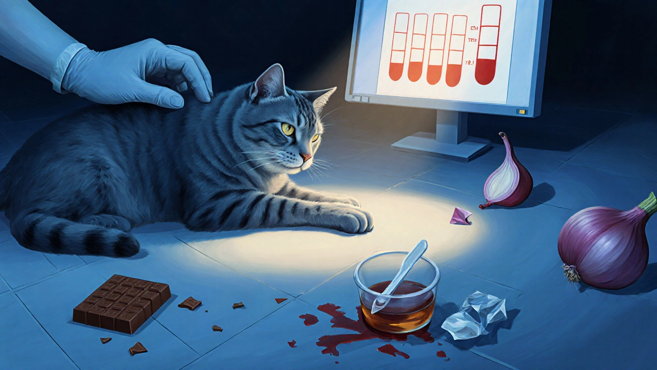 Больной кот на полу ветклиники, вокруг — символы токсичных продуктов, ветеринар держит его лапу.