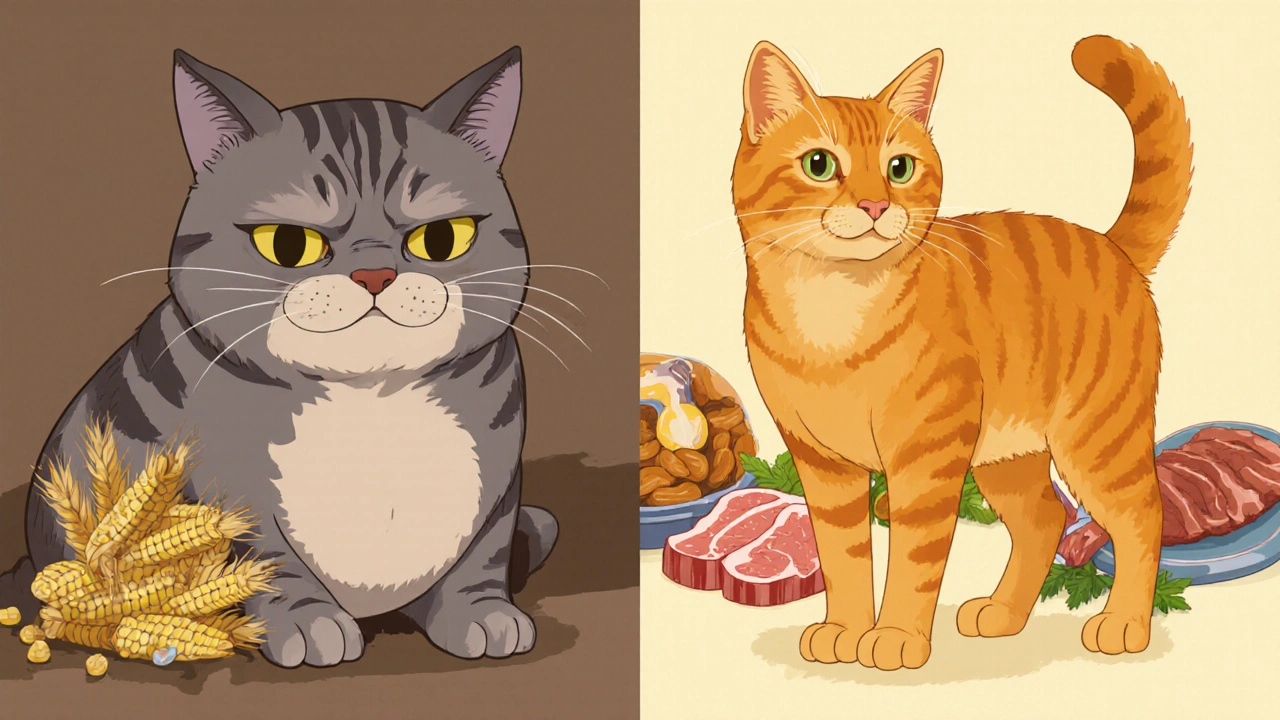 Две кошки: одна больная среди злаков, другая здоровая рядом с натуральными ингредиентами.