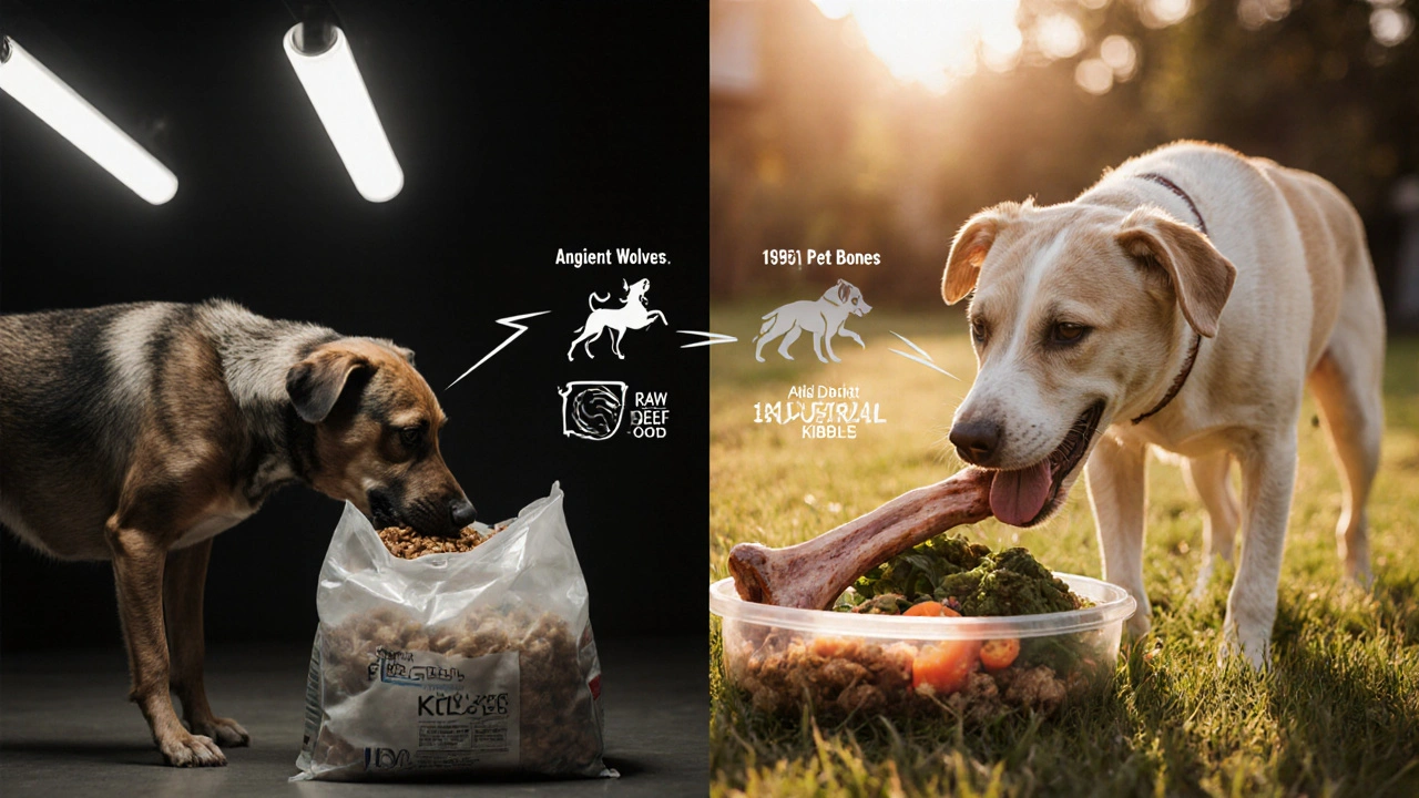 Две собаки: одна ест сухой корм в помещении, другая жует сырое мясо во дворе — контраст искусственного и натурального питания.