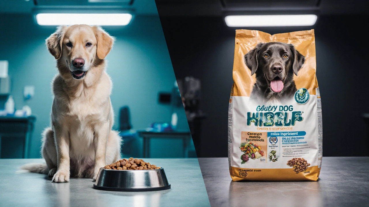 Две собаки: одна здоровая с качественным кормом, другая больная с дешевым кормом.