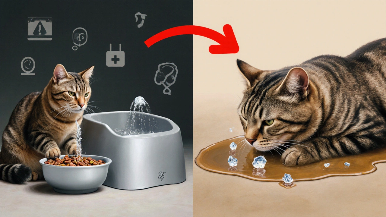 Две стороны жизни кота: здоровое питание слева и последствия плохого корма справа.