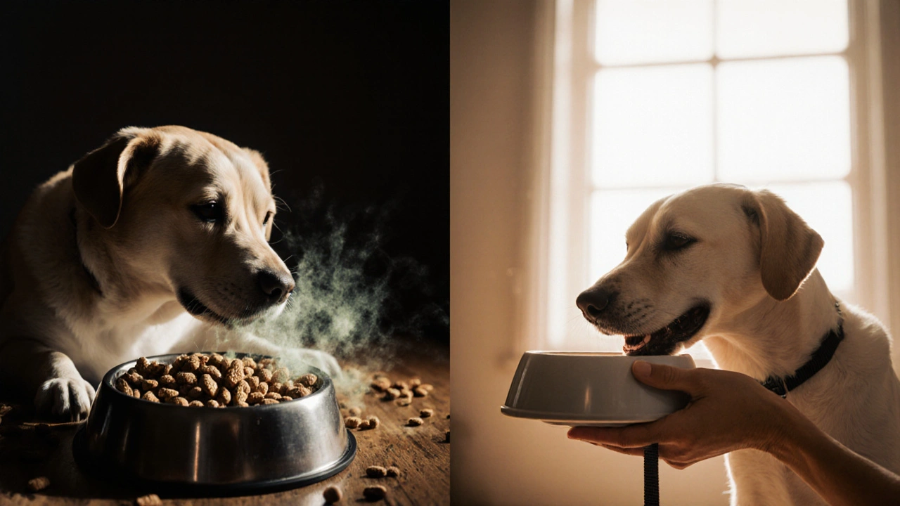 Двухсторонняя сцена: слева — переедание с бактериями, справа — здоровое кормление с рукой хозяина.