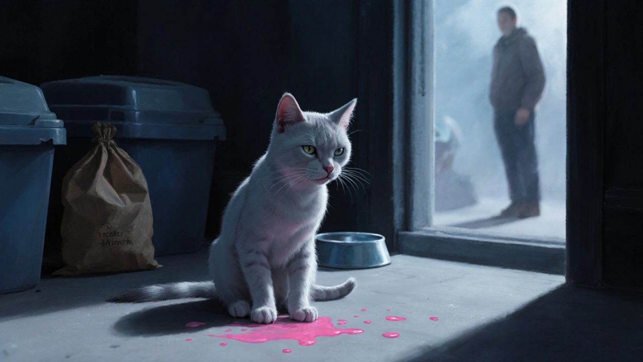 Измученный кот напряженно пытается помочиться, рядом капли розовой мочи на полу.