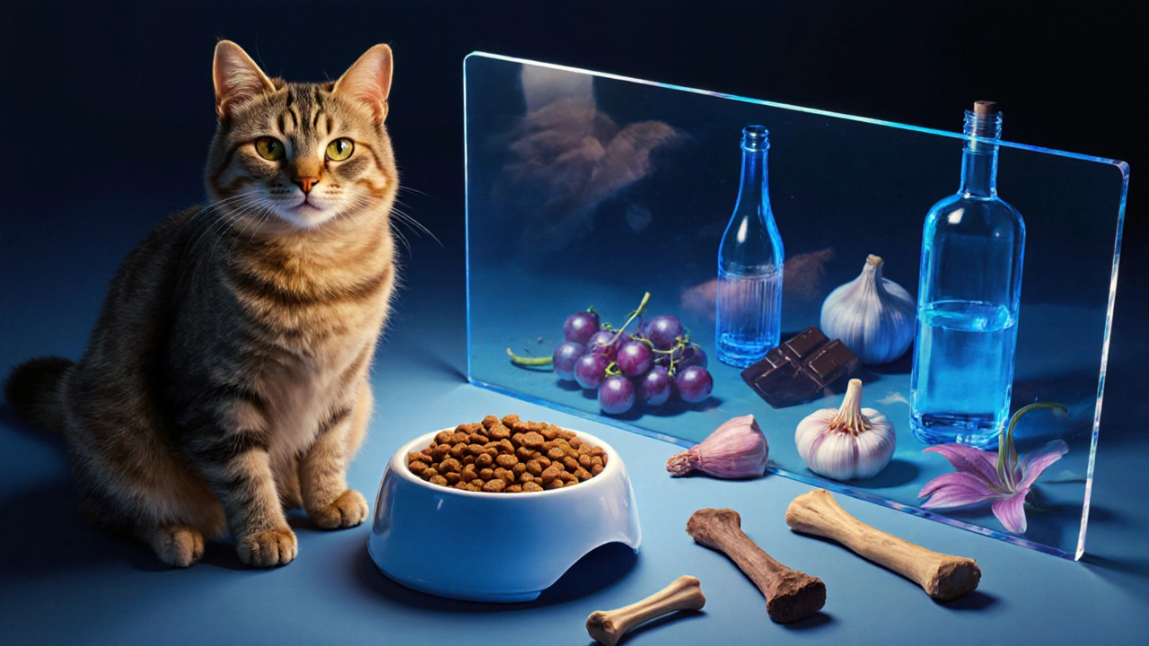 Кошка ест безопасный корм, а вокруг — запрещенные продукты за прозрачной барьерной линией.