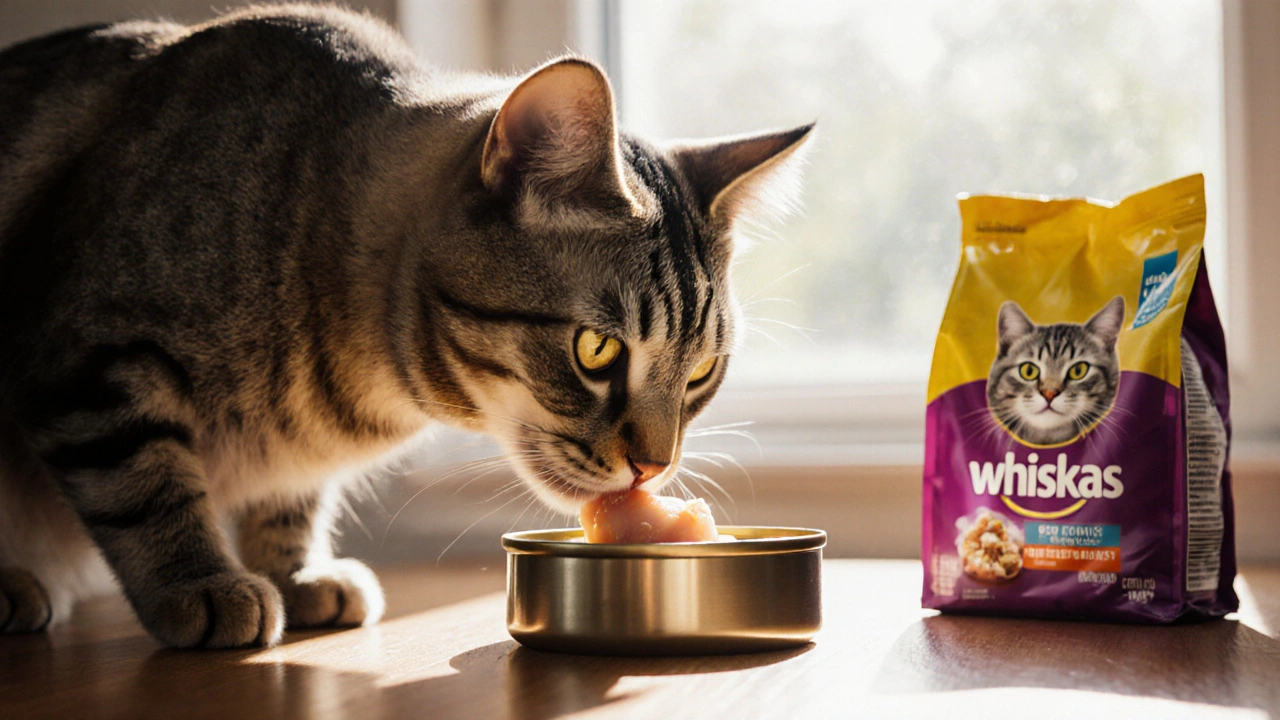 Кошка ест отварную курицу рядом с качественным влажным кормом, Вискас лежит в стороне.