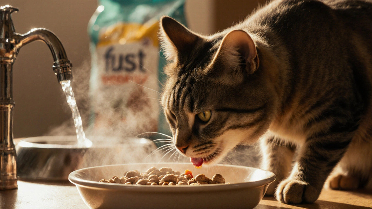 Кошка ест влажный корм у водяного фонтанчика.