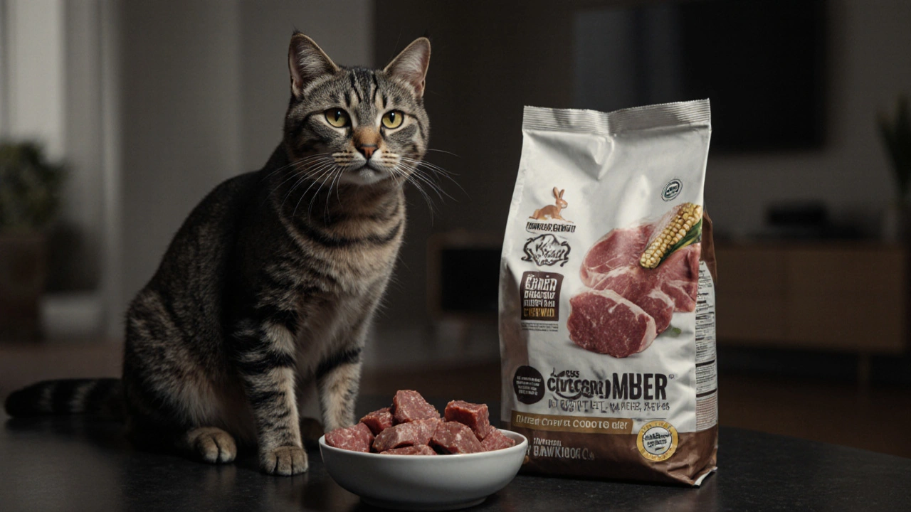 Кошка стоит рядом с натуральным мясом и бросленным пакетом сухого корма с кукурузой.