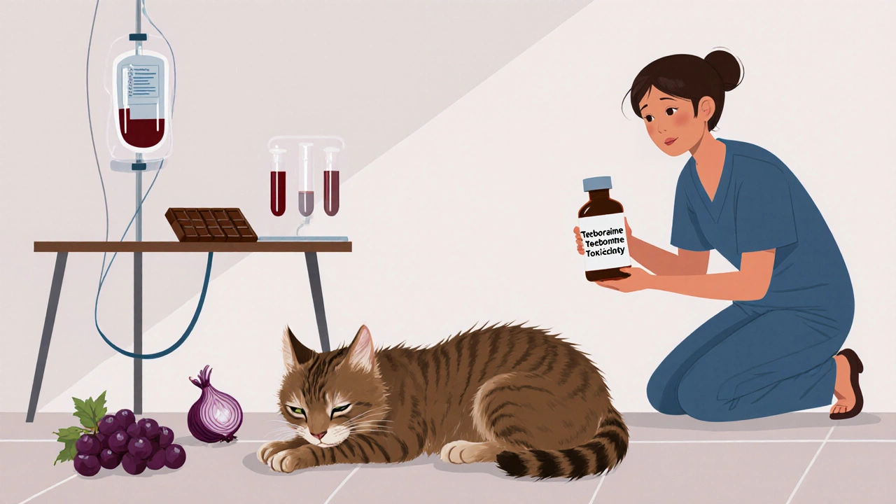 Кошка в ветклинике, слабая, рядом — шоколад, лук и виноград, ветеринар с капельницей.