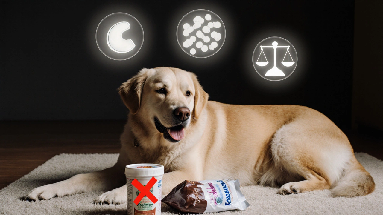 Крупная собака с накладными символами кальция и пробиотиков, рядом запрещённые продукты.