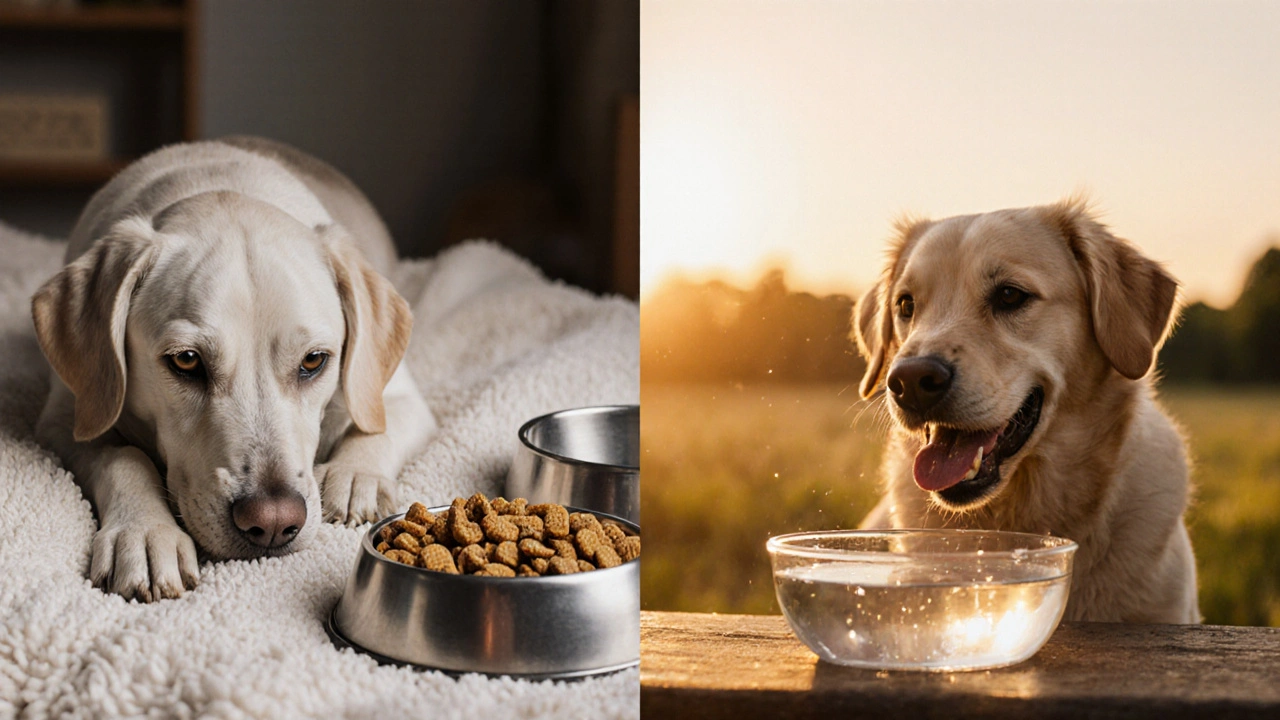 Пожилая собака выглядит уставшей рядом с пустой миской, в фоне — молодая собака с влажной едой и водой.