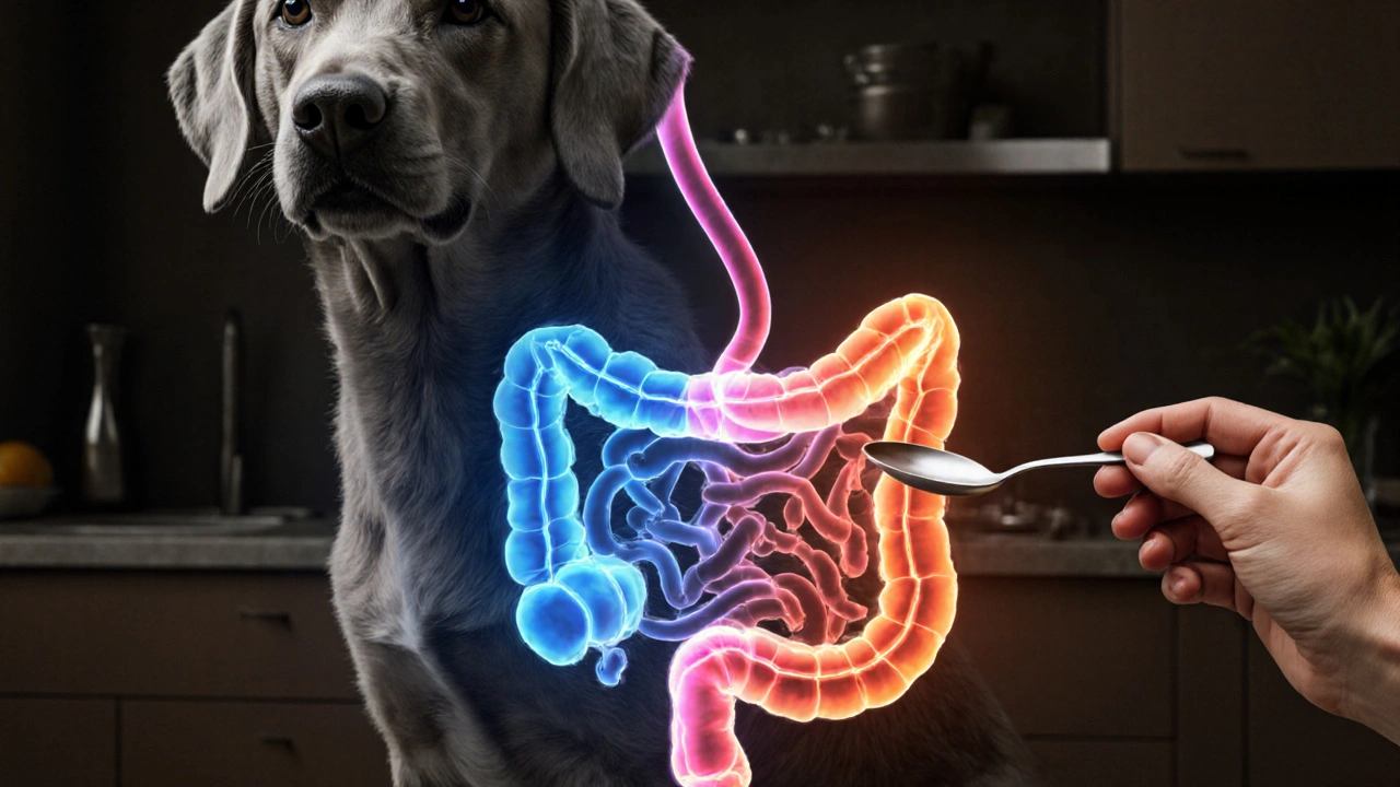 Прозрачное изображение пищеварительного тракта собаки: холодный корм вызывает сужение сосудов, тёплый — нормальное пищеварение.
