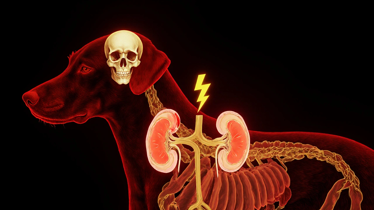 Прозрачное изображение внутренних органов собаки с символами опасности: черепа над почками, разрушенные клетки крови, молнии от ксилита.