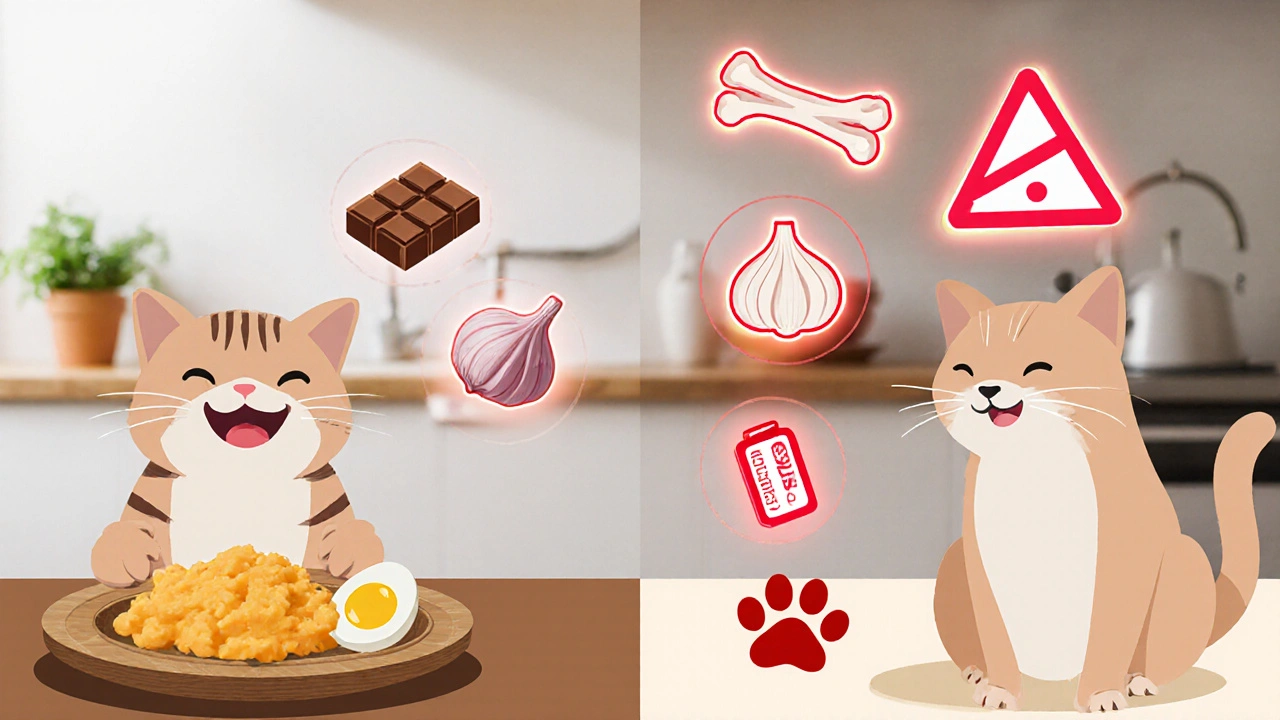Разделённая сцена: слева — безопасная еда для кота, справа — опасные продукты с красными предупреждениями.