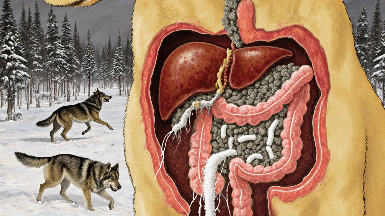 Разрез тела собаки, показывающий воспалённый кишечник и перегруженную печень из-за сухого корма, на фоне дикой природы.