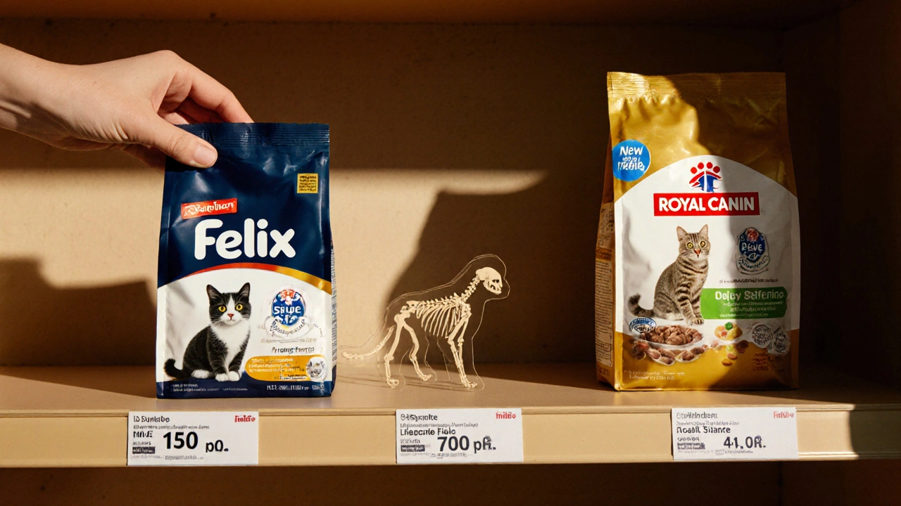 Рука кладёт дешёвый корм Феликс на полку рядом с премиальными брендами, за ними — силуэт кошки, превращающейся в скелет.