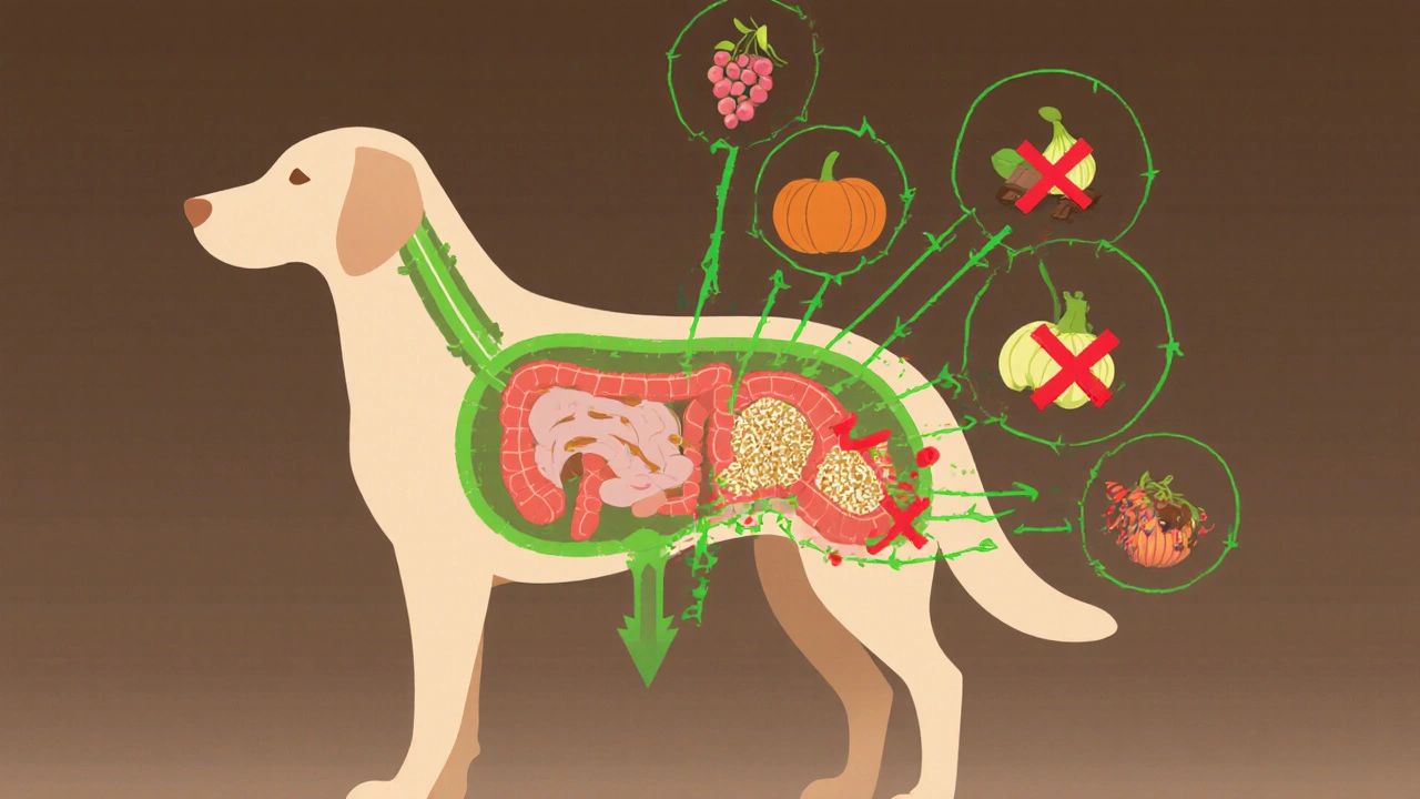 Схема пищеварительной системы собаки с безопасными и запрещёнными продуктами, визуально разделёнными цветами.