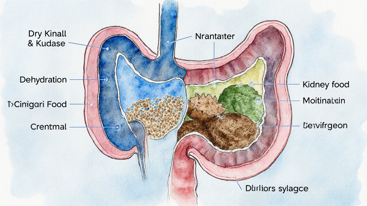 Схема пищеварительной системы собаки: сухой корм вызывает обезвоживание, натуральная еда — здоровое усвоение.