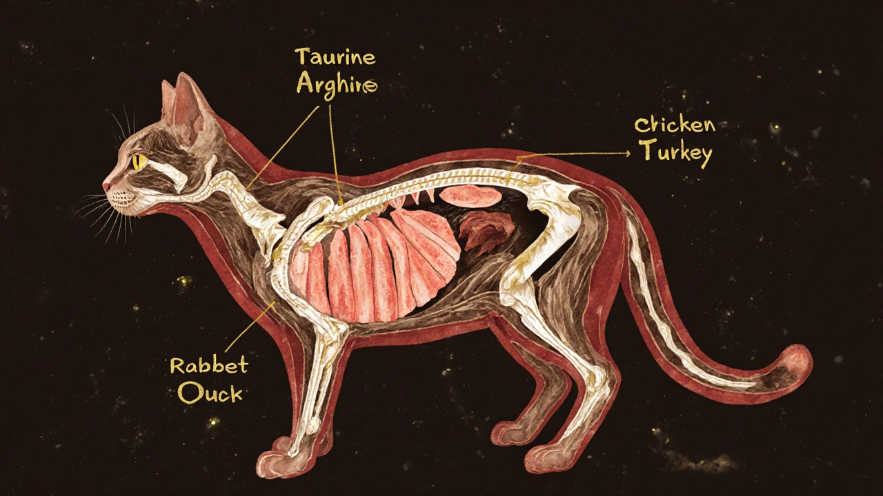 Схема внутреннего устройства кошки с питательными веществами, поступающими из разного мяса.