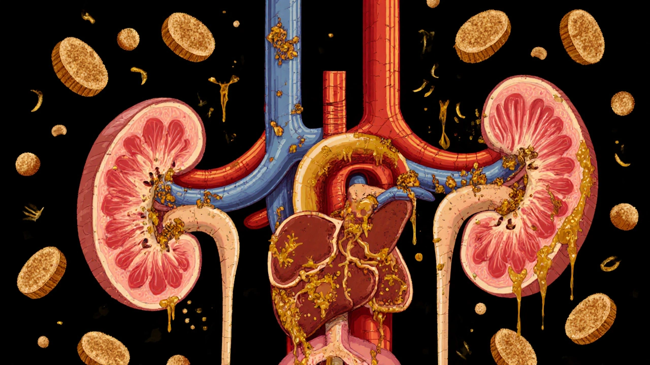 Схематичное изображение внутренних органов собаки с признаками повреждений от сухого корма: камни, отложения, трещины.