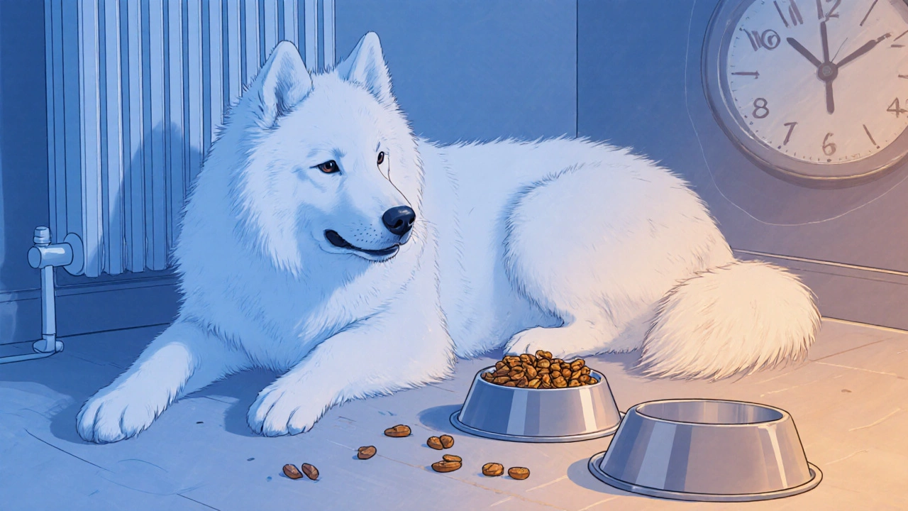 Сибирская собака рядом с радиатором, рядом — холодный и тёплый корм, контраст температур.