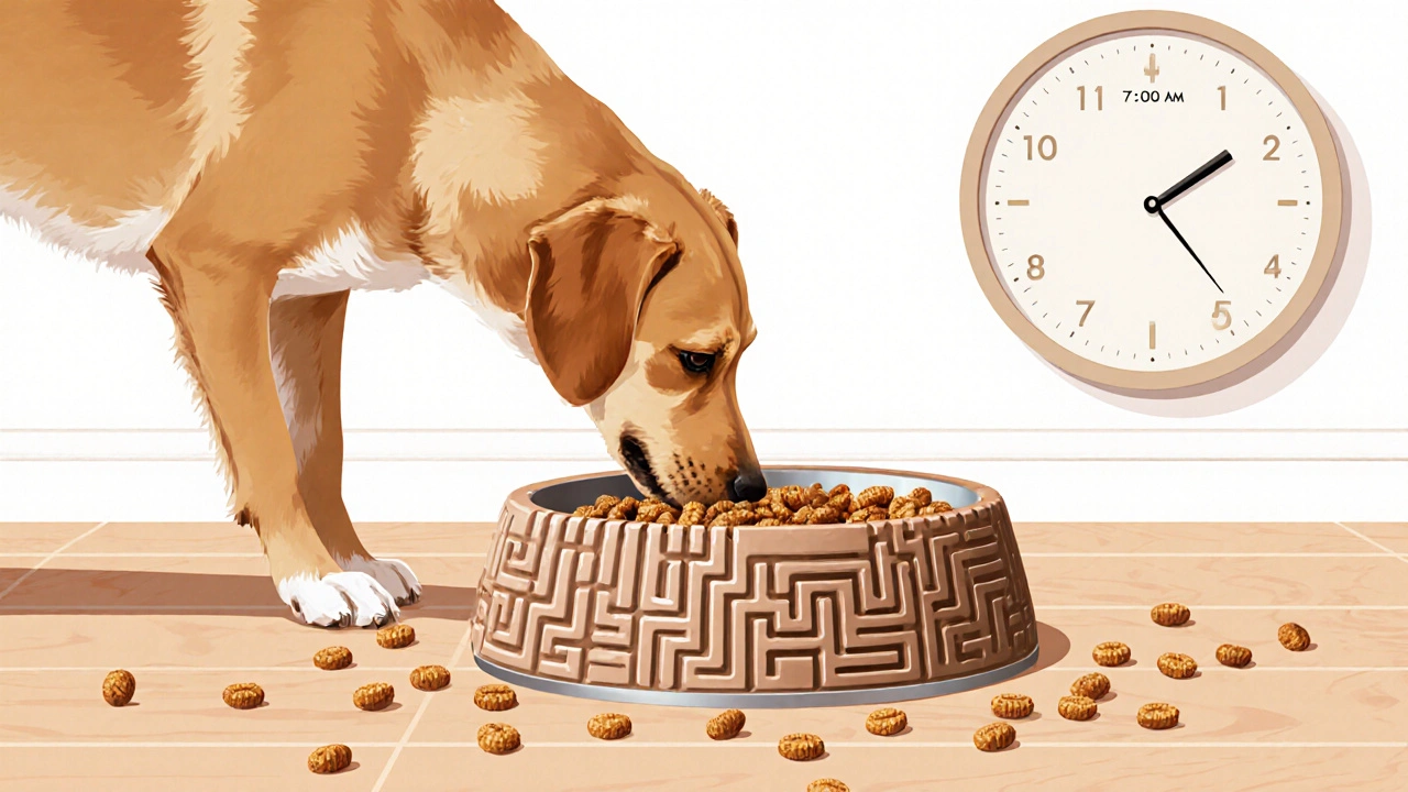 Собака ест из миски с лабиринтами, крошки на полу, время на часах 7:00.