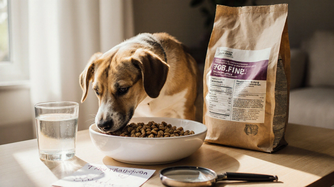 Собака ест качественный сухой корм, рядом стакан воды и открытый пакет с мясом в составе.