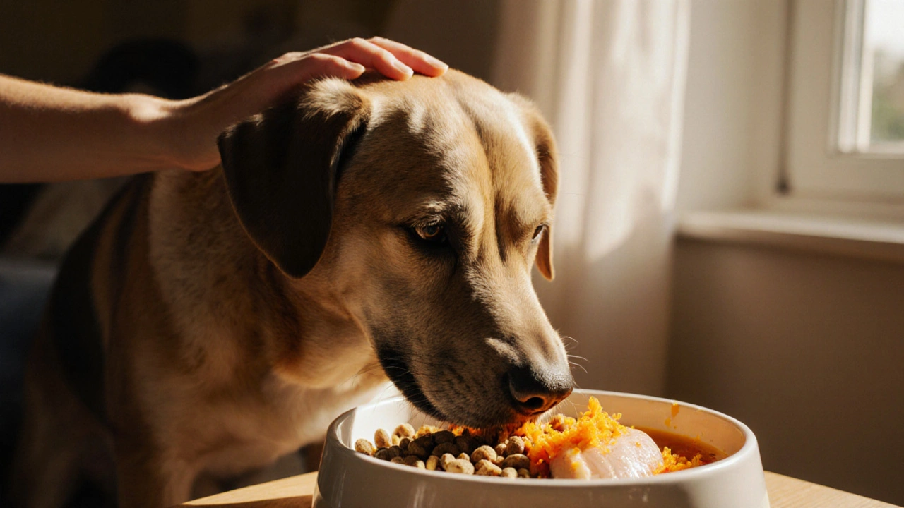 Собака ест смесь сухого корма с варёным мясом и тыквой, хозяин ласкает её в тёплом свете окна.
