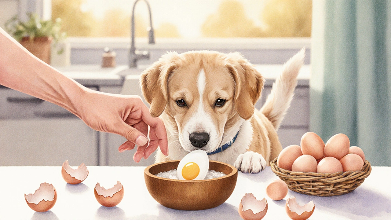 Собака наблюдает, как ей кладут вареное яйцо в миску.