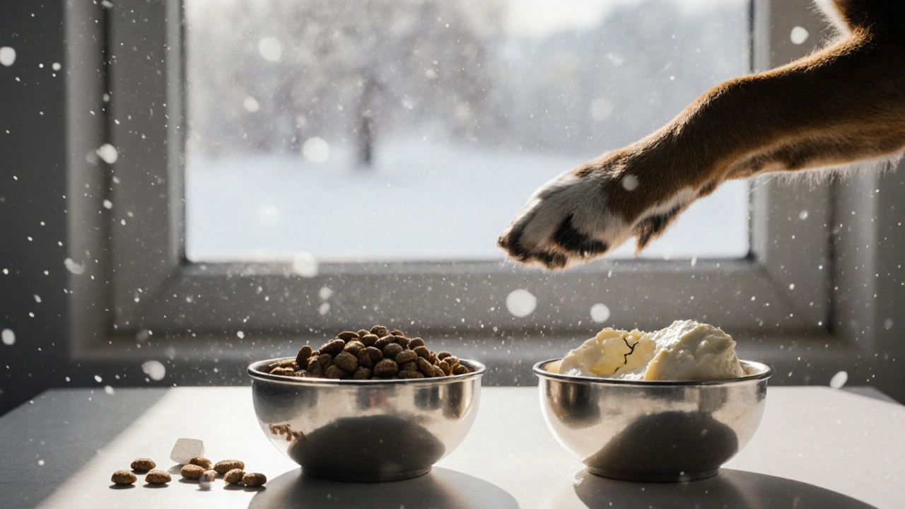 Собака отворачивается от творога, оставляя сухой корм.