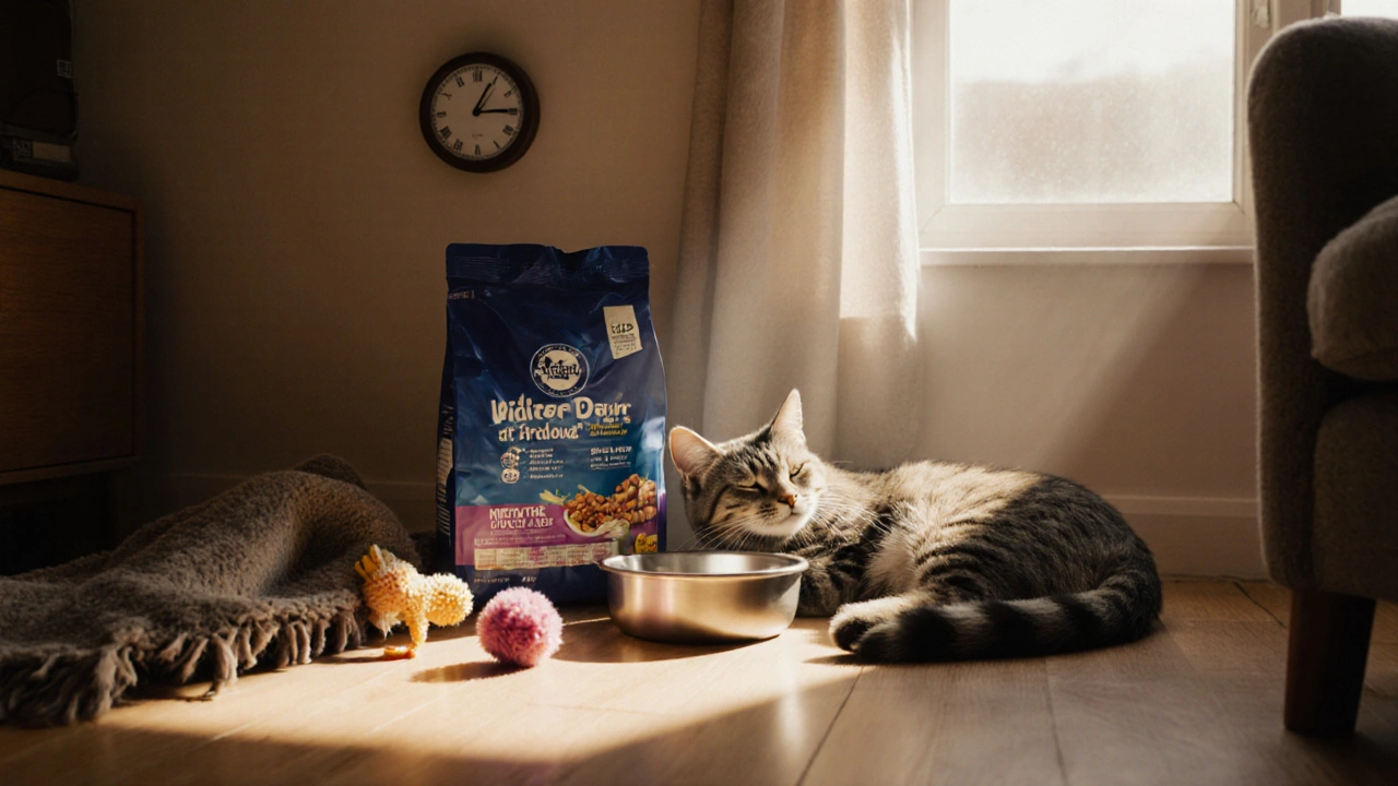 Спокойная кошка спит рядом с одним пакетом корма, солнечный свет и чистая миска подчеркивают стабильность.