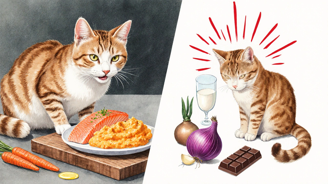Сравнение безопасной и опасной еды для кошки: слева — рыба и тыква, справа — лук и шоколад.