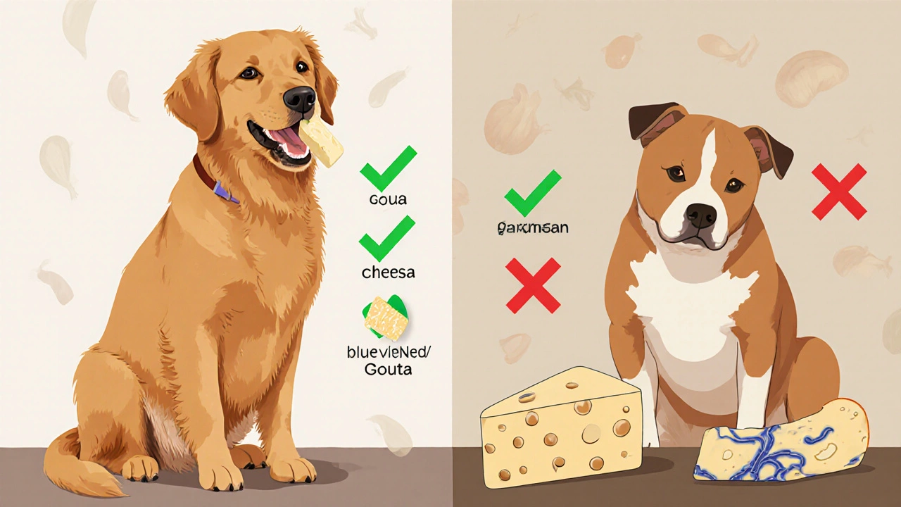 Сравнение безопасных и опасных сортов сыра для собак в иллюстрированном стиле.