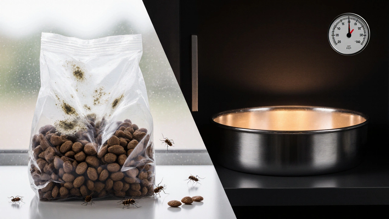 Сравнение испорченного корма в пакете и свежего в герметичном контейнере.