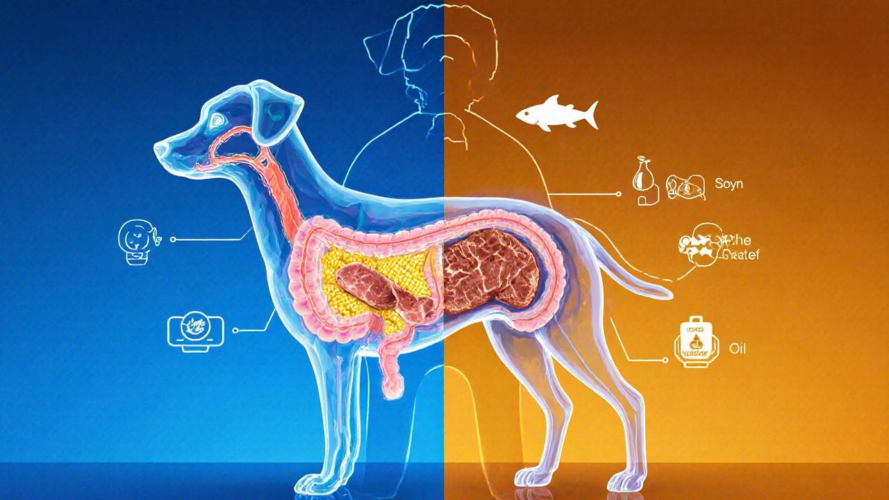 Сравнение пищеварительного тракта собаки: слева — с вредными добавками, справа — с натуральными ингредиентами.