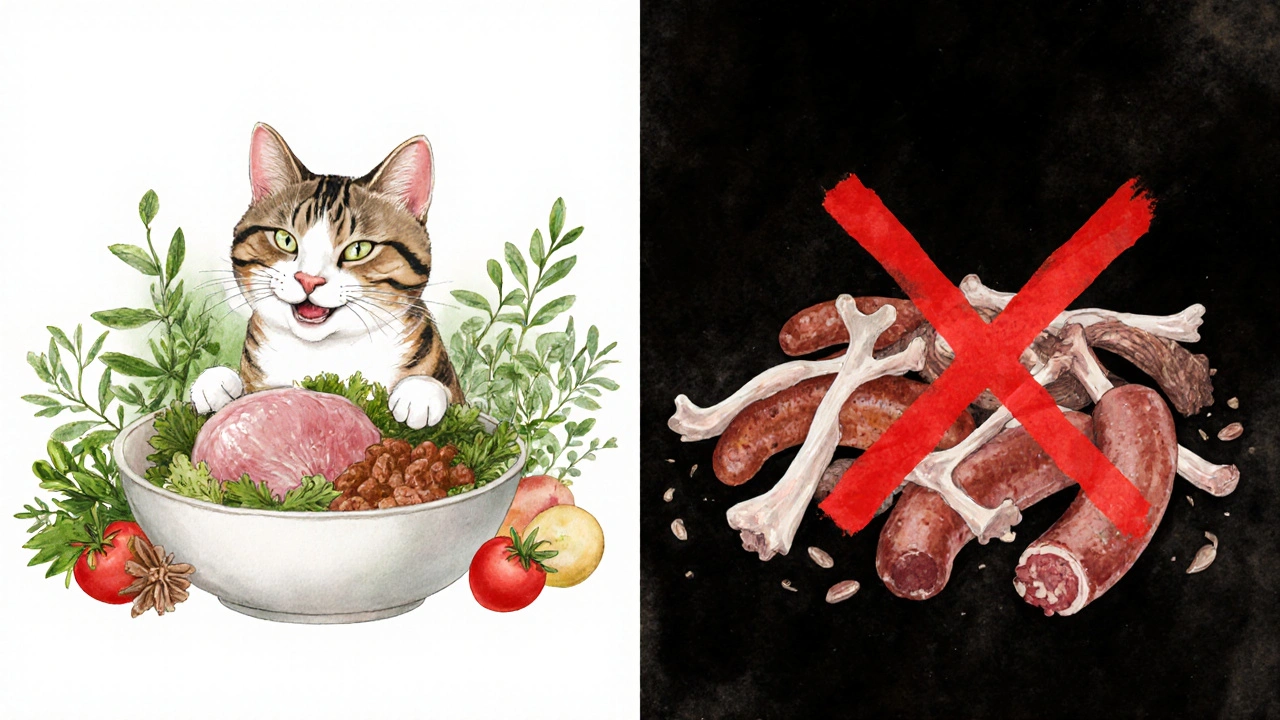 Сравнение полезного мяса и вредных колбас для кошки.