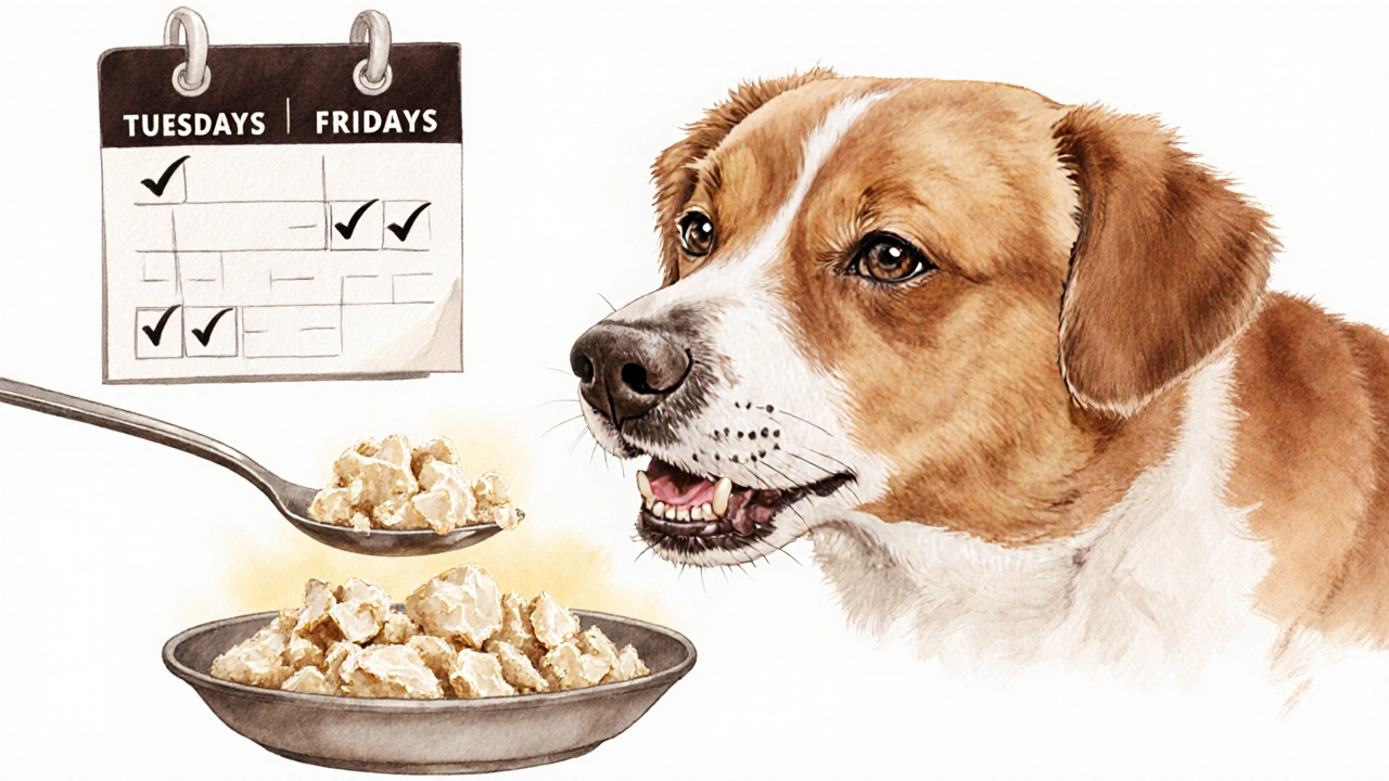 Средняя собака получает подсушенный творог на ложке, без добавок.