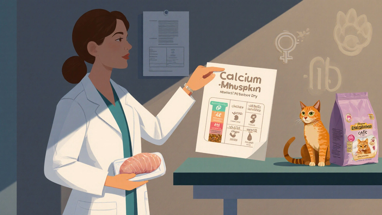 Ветеринар показывает схему питания кошки, держа сухой корм и курицу.