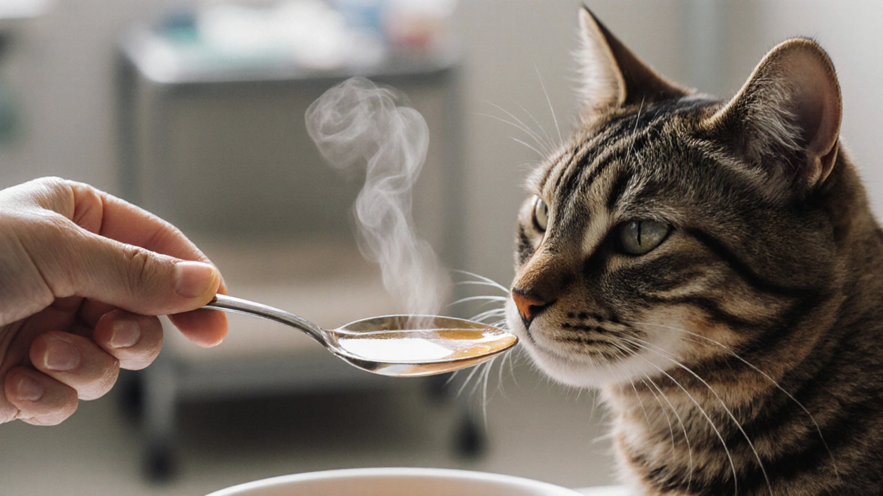 Ветеринар предлагает кошке тёплый куриный бульон на ложке.