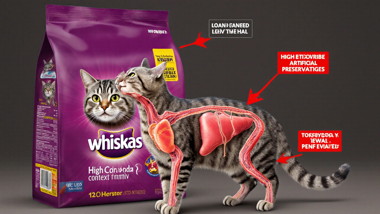 Внутреннее строение кошки с визуализацией вредных ингредиентов из корма Вискас.